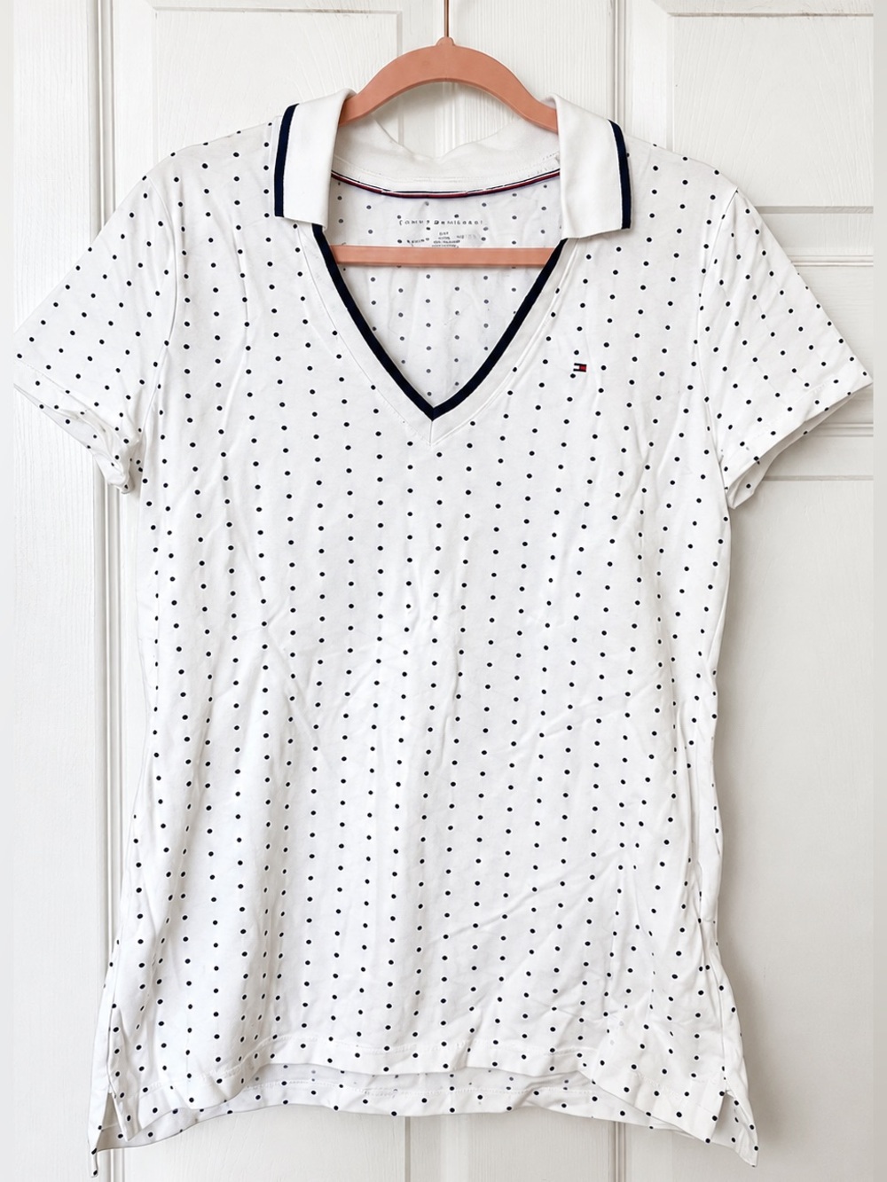 Tommy Hilfiger White Polo V-Neck with Black Polka Dots